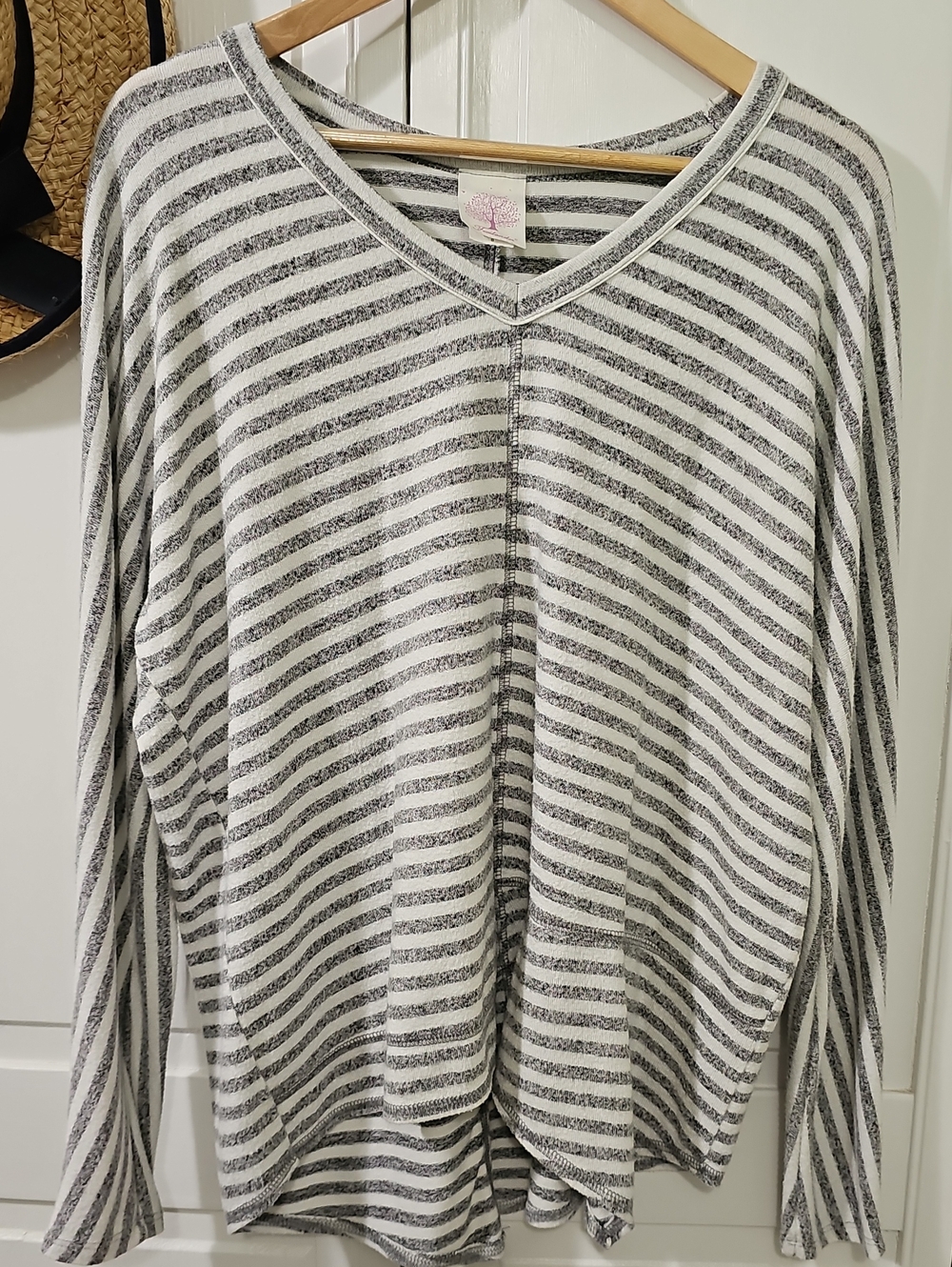 Freeloader White and Gray Striped V-Neck Top